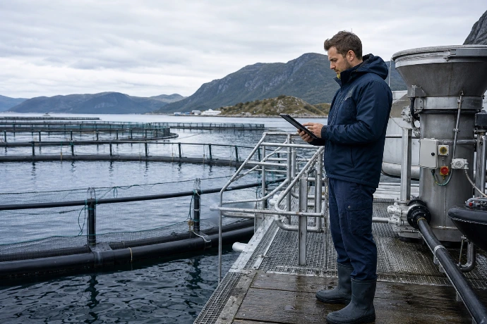 Aquaculture engineer reviewing live operating data at a coastal farm