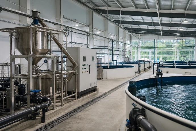 Modern land-based aquaculture facility with monitored production systems