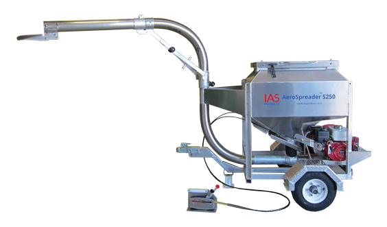 AeroSpreader S250 (250 kg (33x36x44), AB135 Pull Start 6.5HP, 4" SS Flex Handheld Hose, No Rotate Motor, No Extension Tube, No Gull Wing, Simple Controls, Stationary Skid 250, No Inlet Silencer)